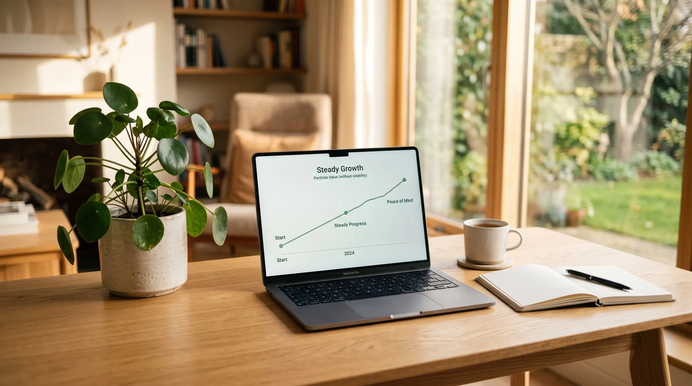 A laptop on a wooden desk with a notebook and a cup of coffee in a cozy home office.