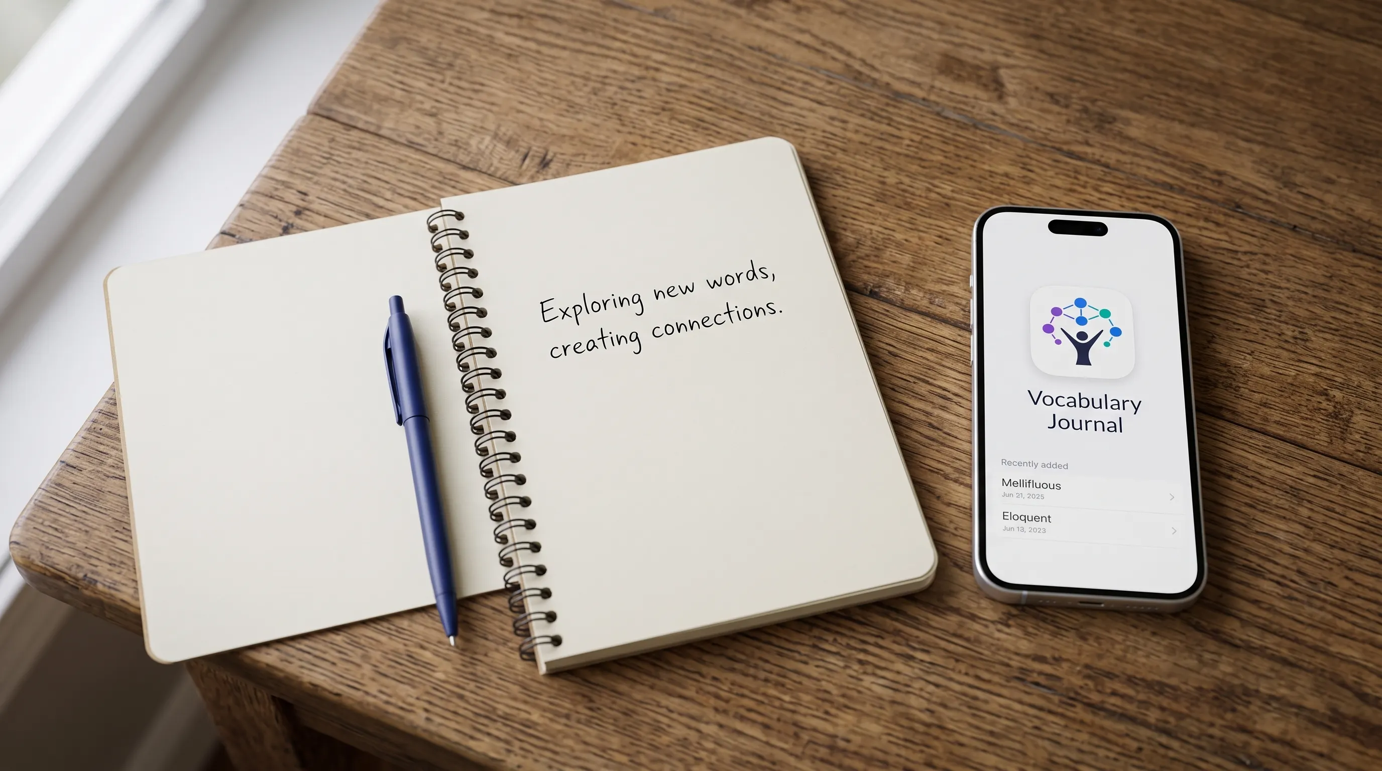 A notebook open on a desk with a simple handwritten sentence, next to a phone showing a quiet writing app.
